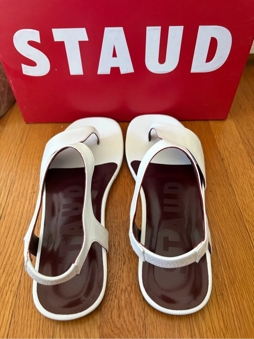 STAUD White Leather Slingback Toe-Loop Sandals